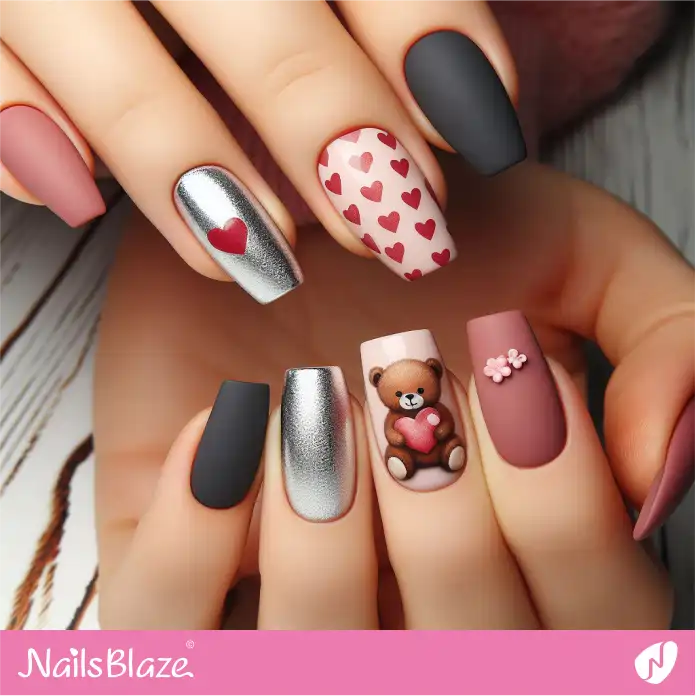 Matte Nails with Teddy Bear and Hearts Design | Valentine Nails - NB2409